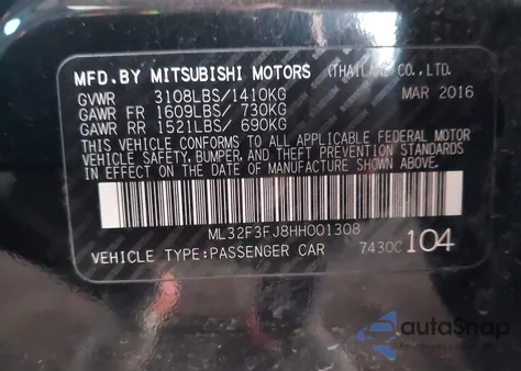2017 Mitsubishi Mirage G4 Es z USA, uszkodzony, nr VIN ML32F3FJ8HH001308